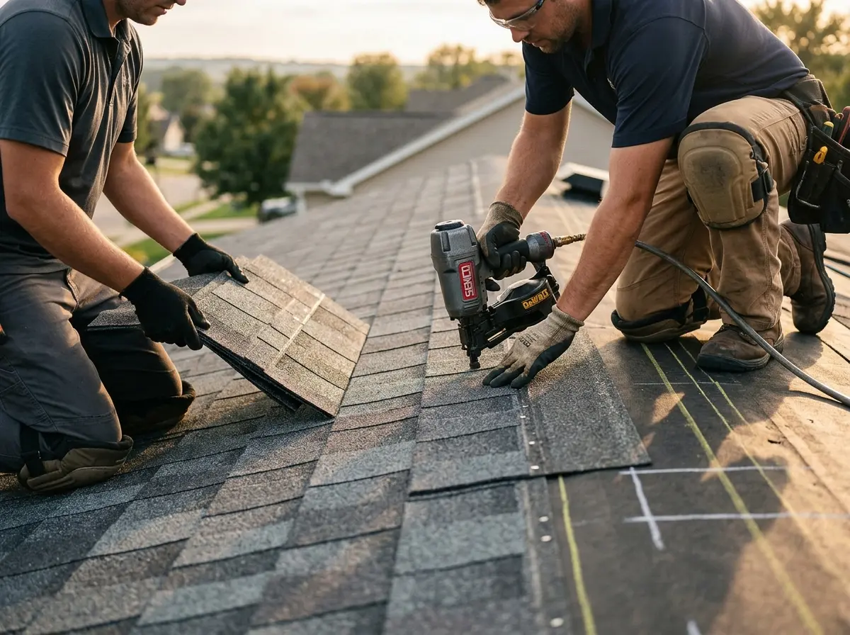 Professional roofer working on a residential roof in Cheval